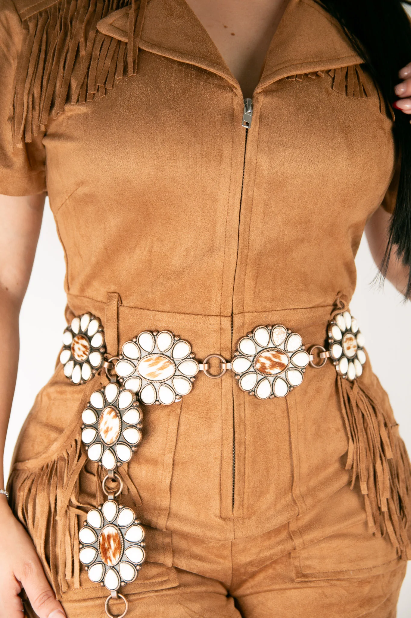 Angel Ranch Western Chain Conchos Calf Hair White Stones Cowgirl Belt - Image 3
