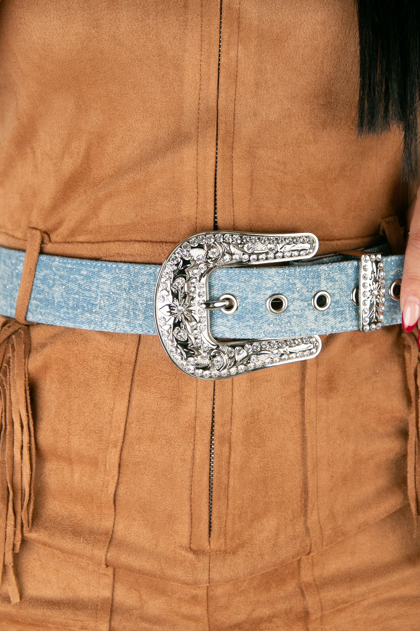 Angel Ranch Western Leather Clear Crystals Denim Cowgirl Belt - Image 3