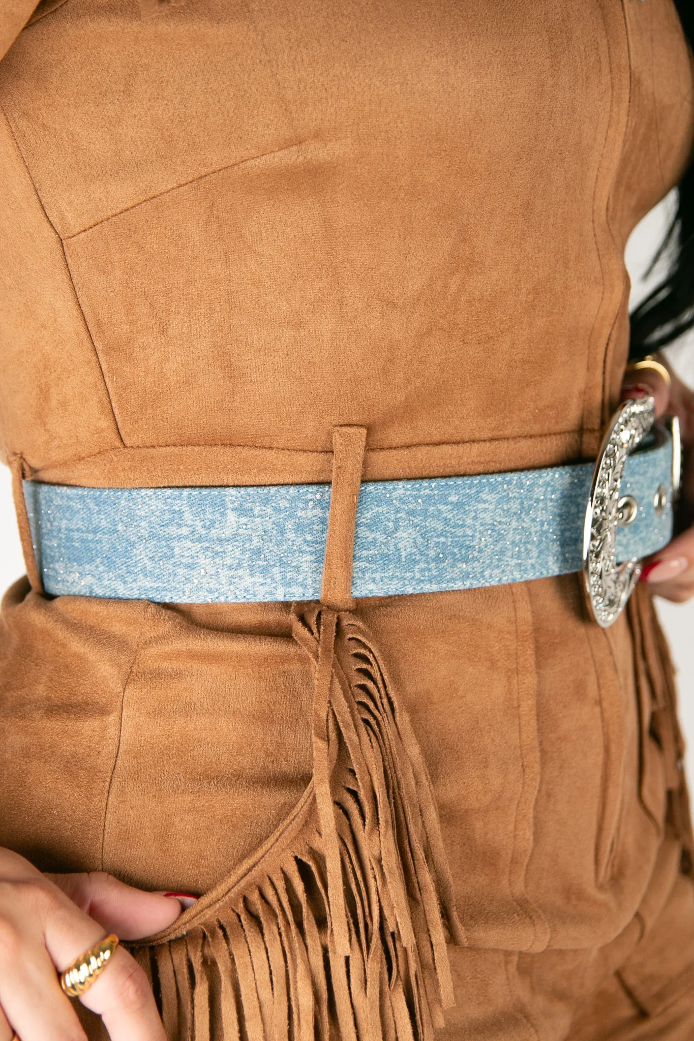 Angel Ranch Western Leather Clear Crystals Denim Cowgirl Belt - Image 4