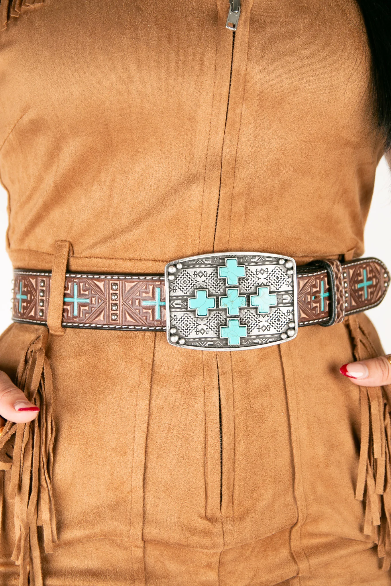 Angel Ranch Studs Cross Turquoise Brown Cowgirl Belt - Image 3