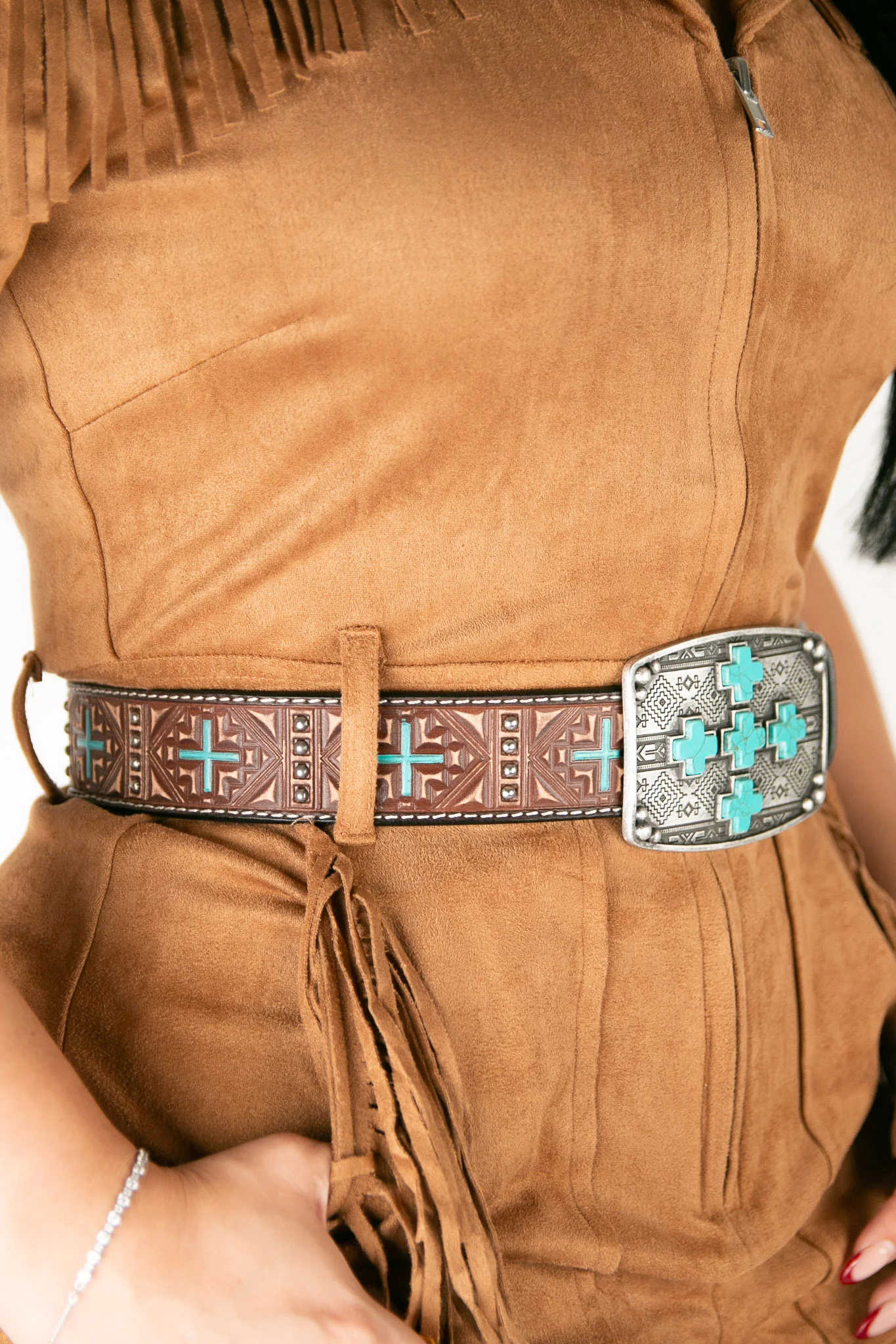 Angel Ranch Studs Cross Turquoise Brown Cowgirl Belt - Image 4