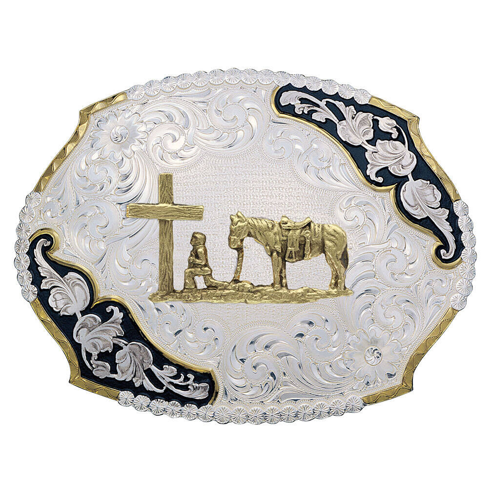 Antique Leaves Western Belt Buckle with Christian Cowboy