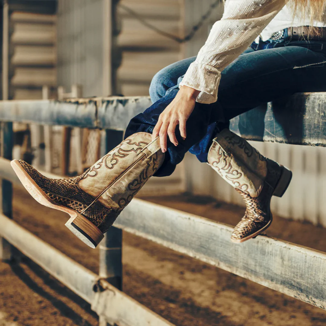 Corral B5007 Women's Embroidery Genuine Taupe - Beige Python Vamp Wide Square Toe Cowboy Boot - Image 3