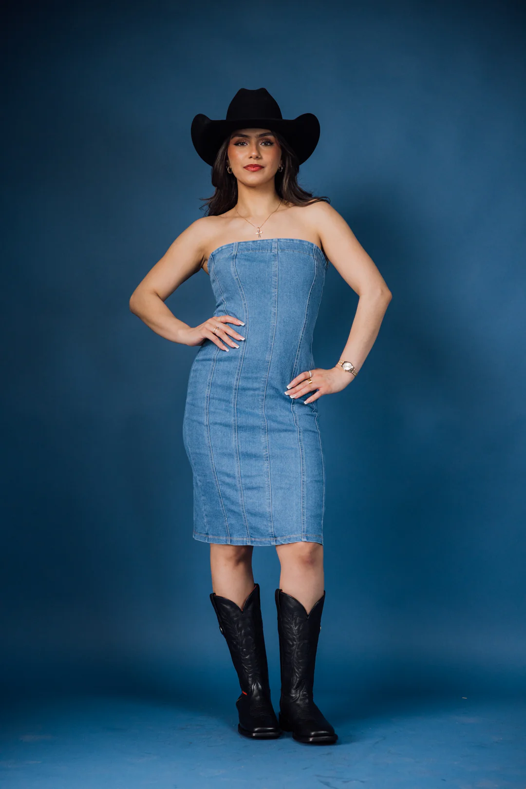 Denim Strapless Stretchy Denim Midi Dress