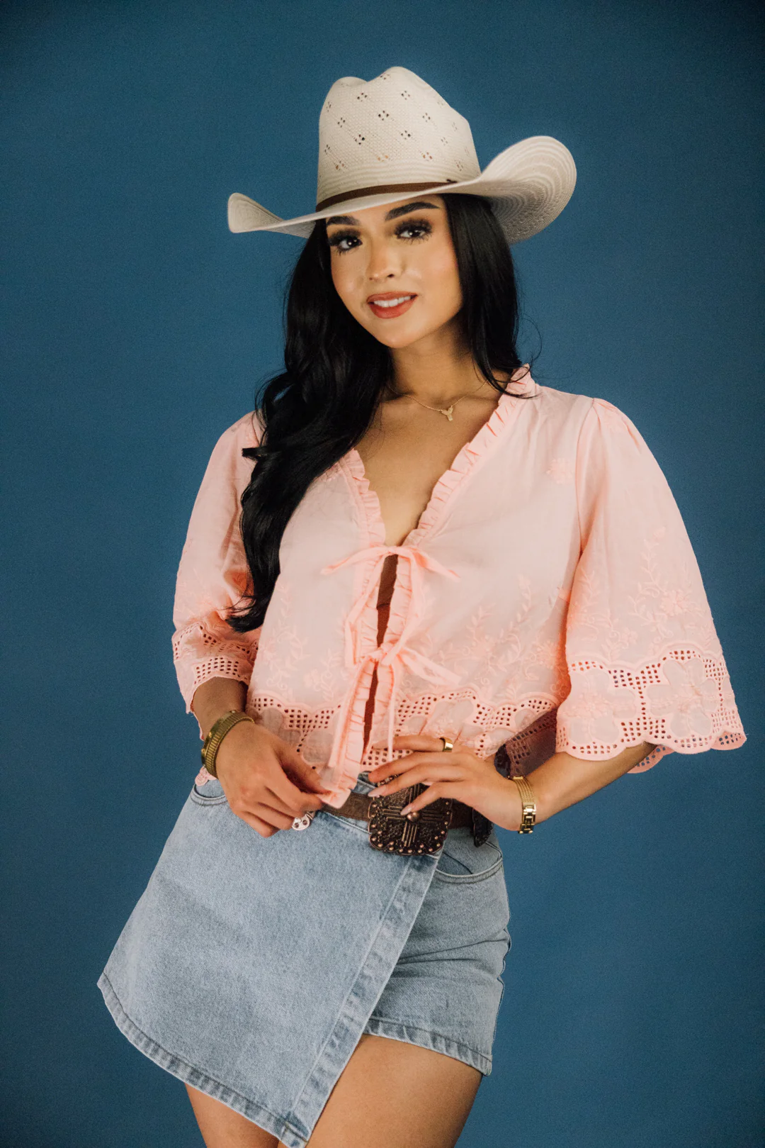 Embroidered Bloom Tie-Front Top
