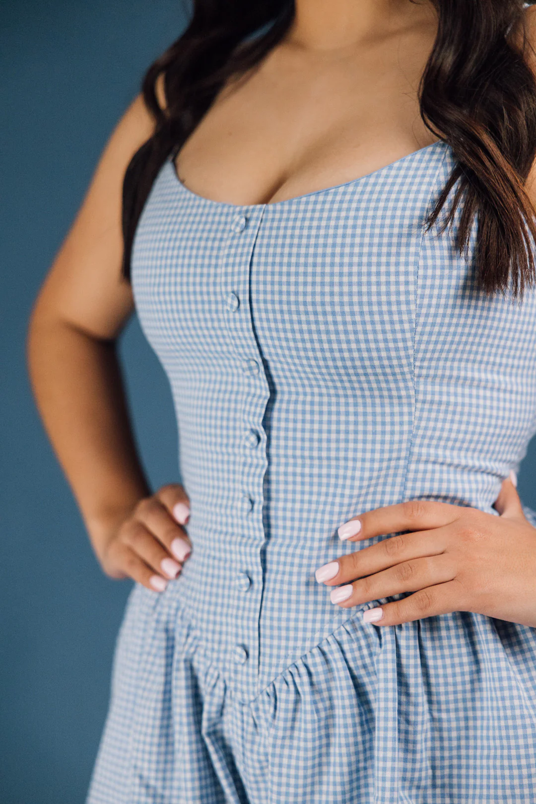 Gingham Front Button Detailed Chevron Waist Romper - Image 2