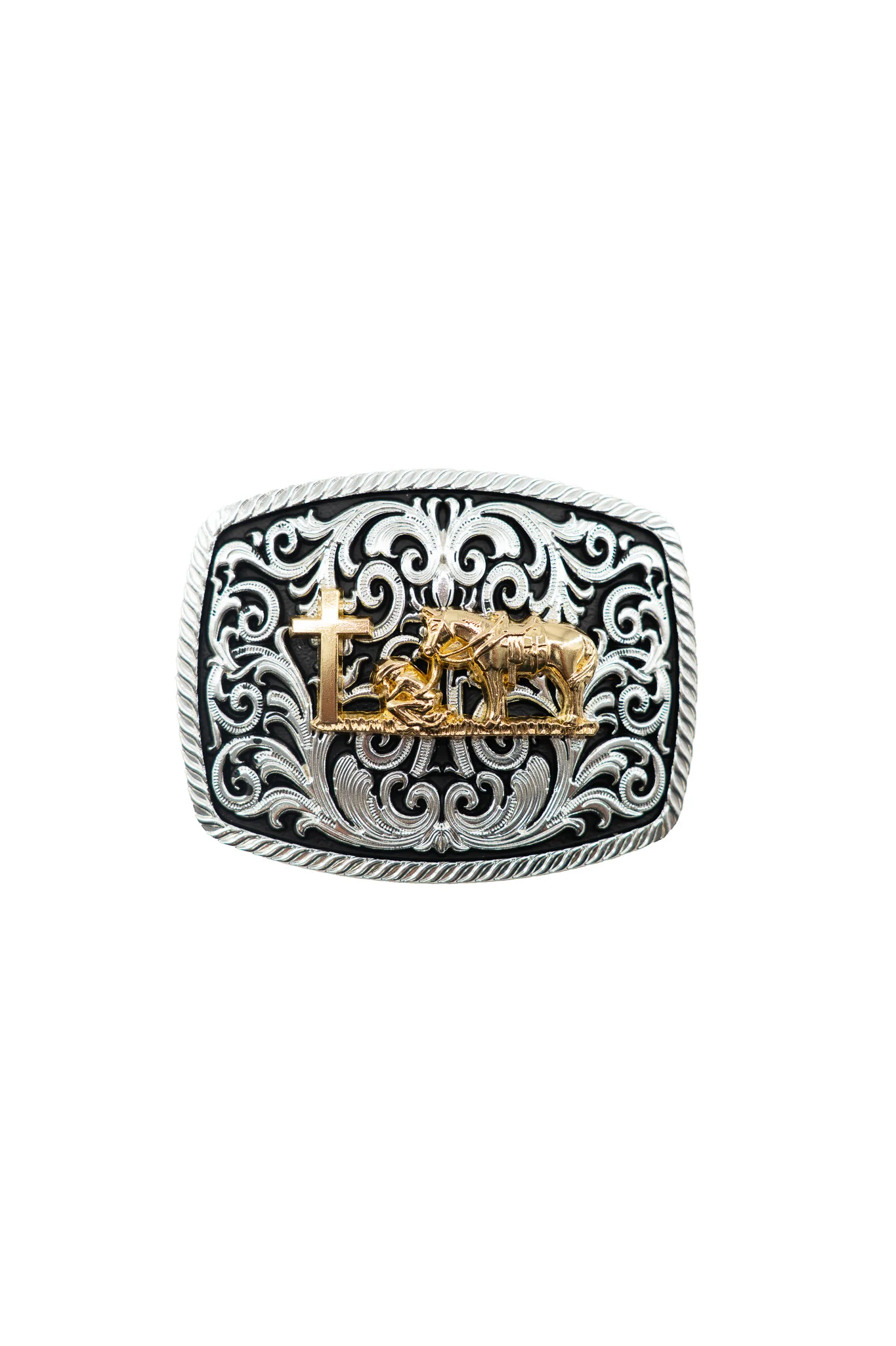 Intricate Scrollwork Kneeling Prayer Cross Belt Buckle