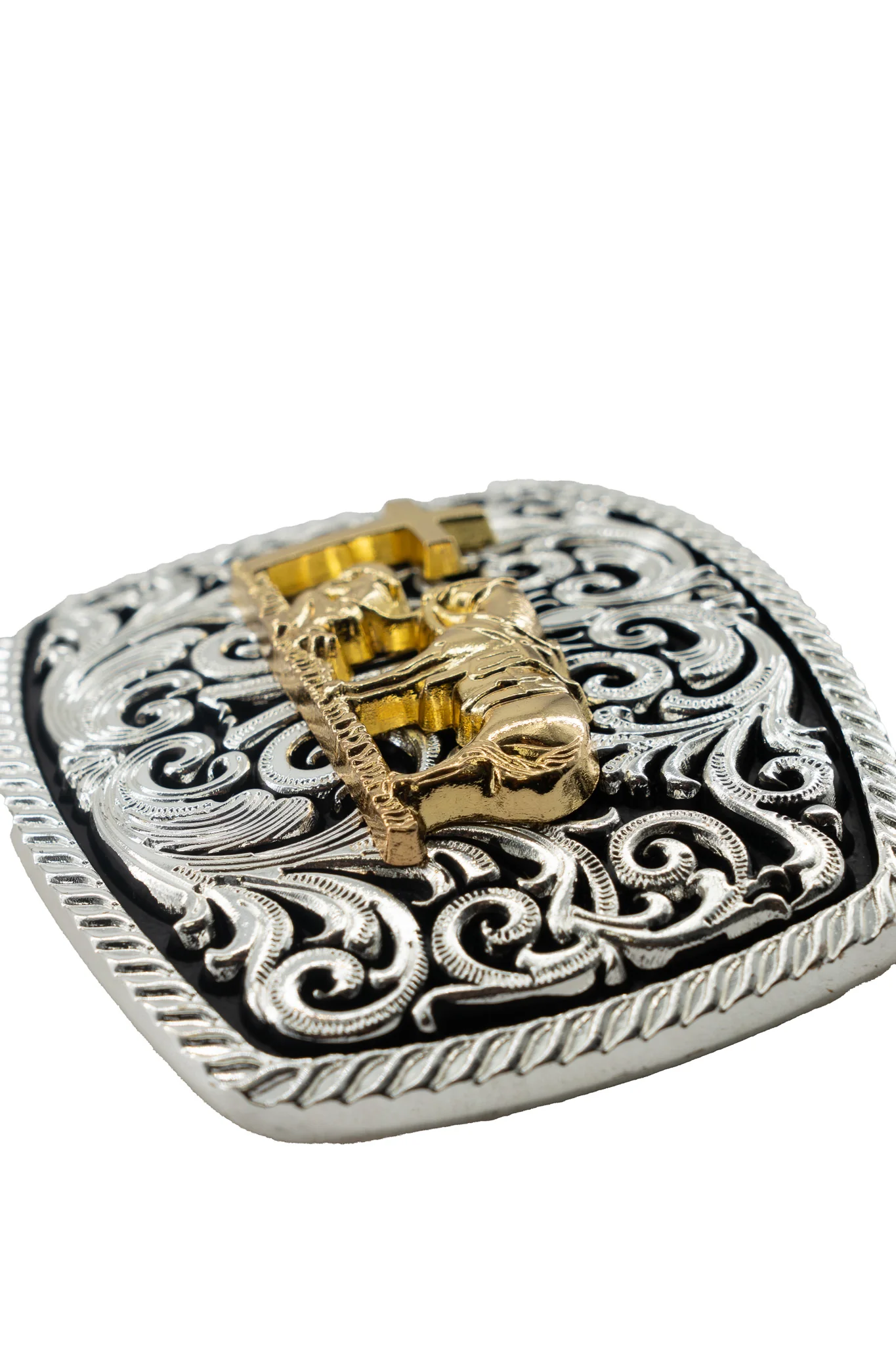 Intricate Scrollwork Kneeling Prayer Cross Belt Buckle - Image 2
