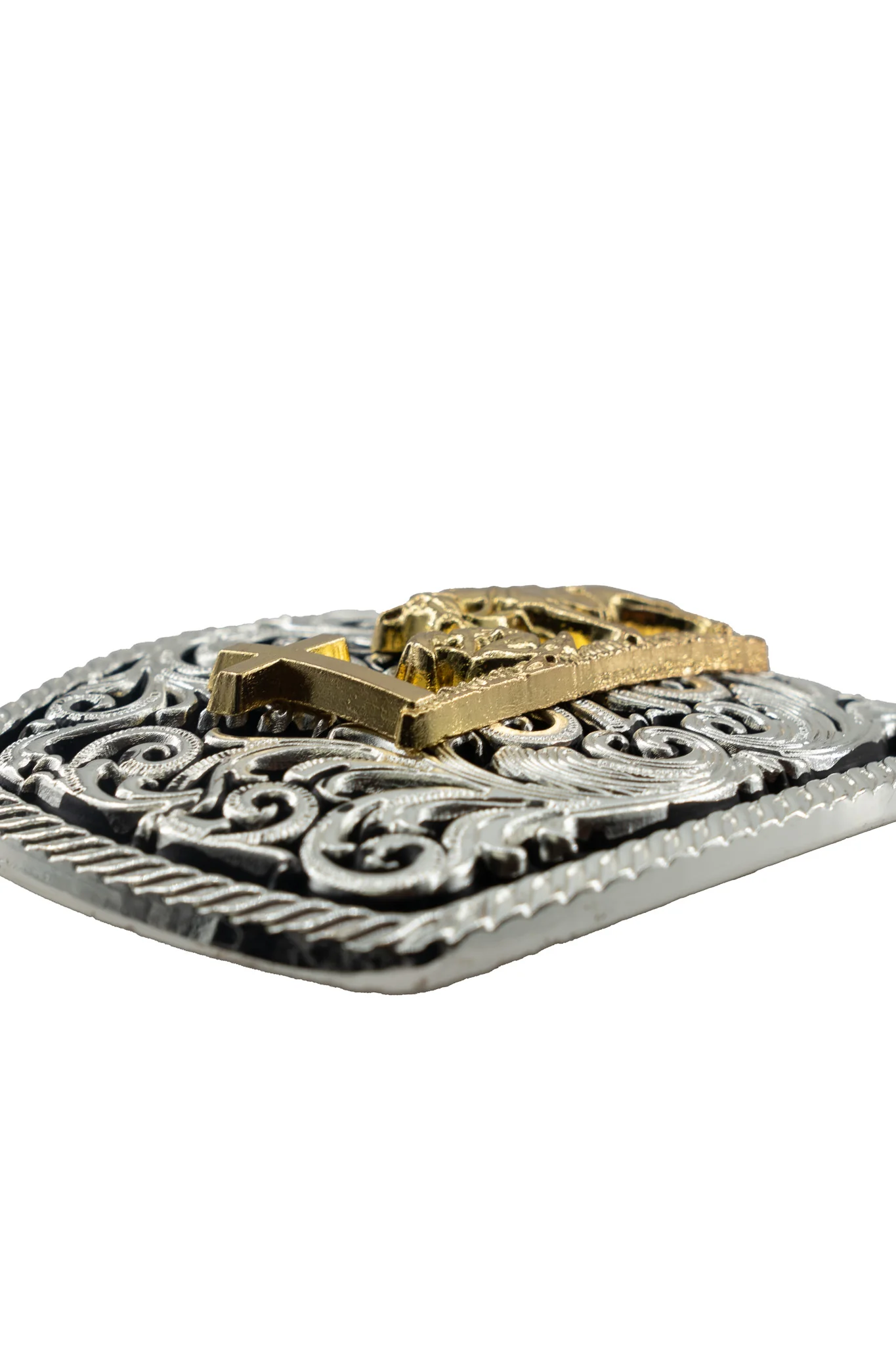 Intricate Scrollwork Kneeling Prayer Cross Belt Buckle - Image 3