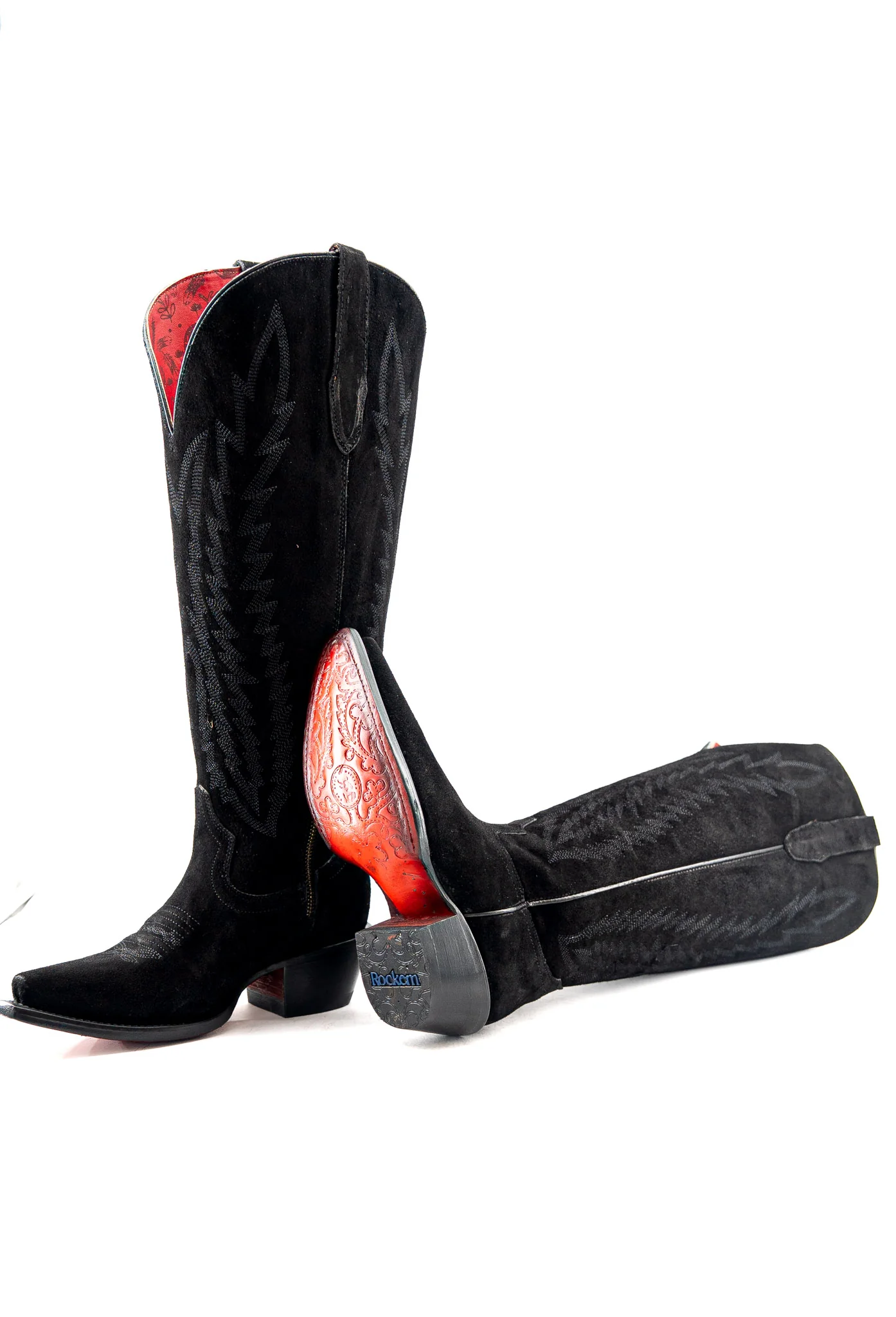 Presley Suede Tall Red Bottom Wide Calf Snip Toe Cowgirl Boot - Image 11