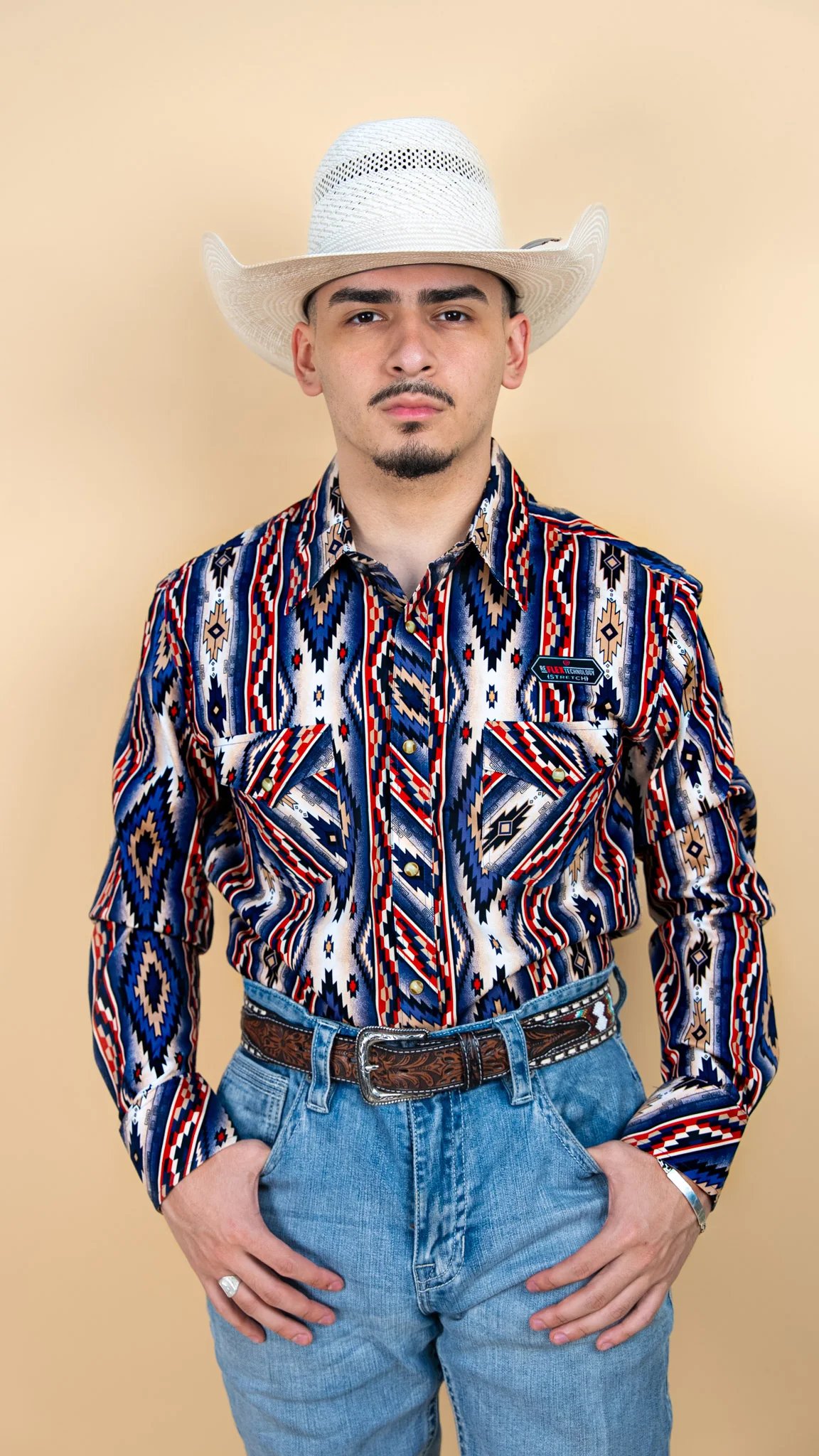 Rock & Roll Long Sleeve Denim Rust Aztec Pearl Snap