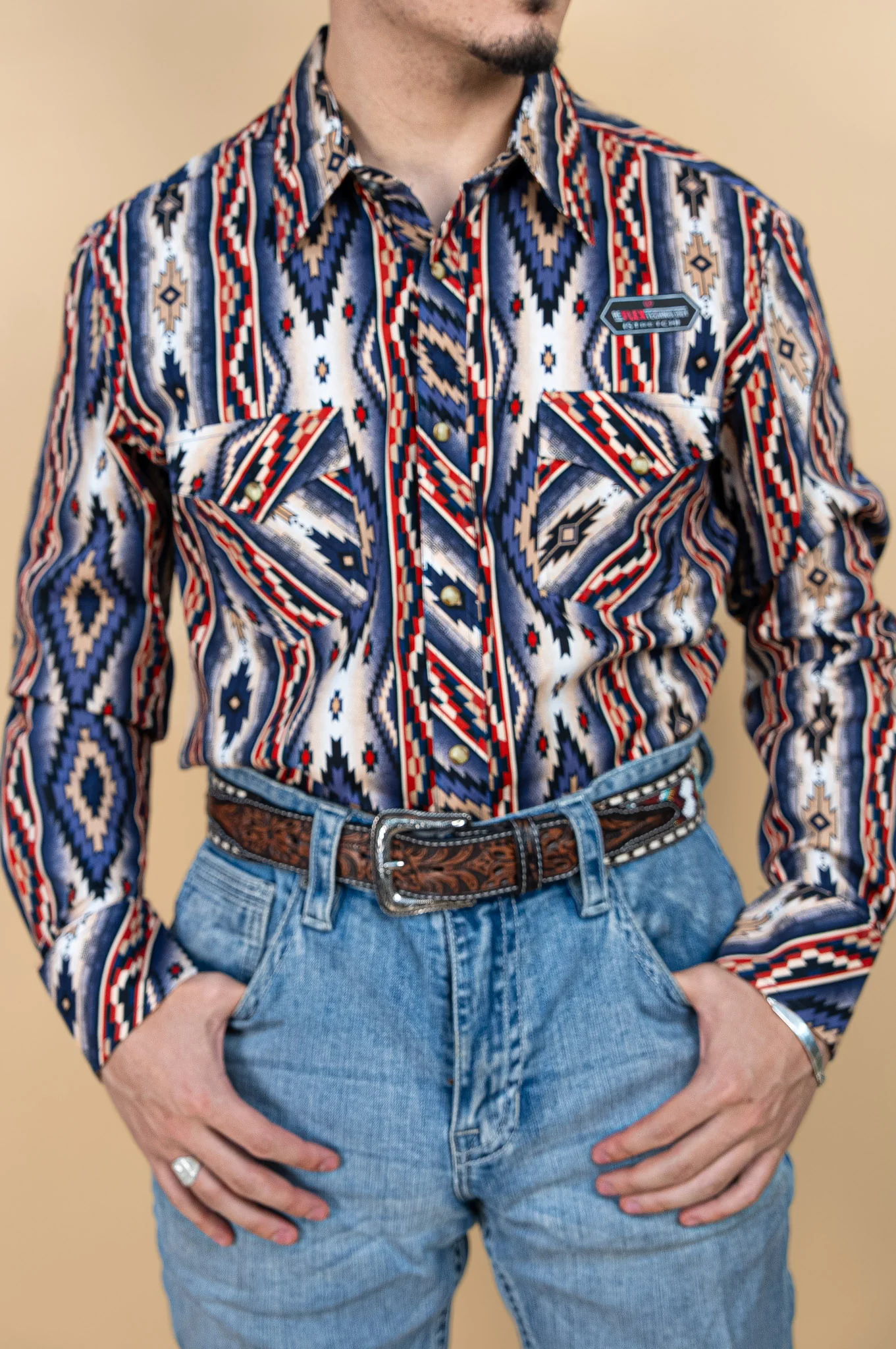 Rock & Roll Long Sleeve Denim Rust Aztec Pearl Snap - Image 2