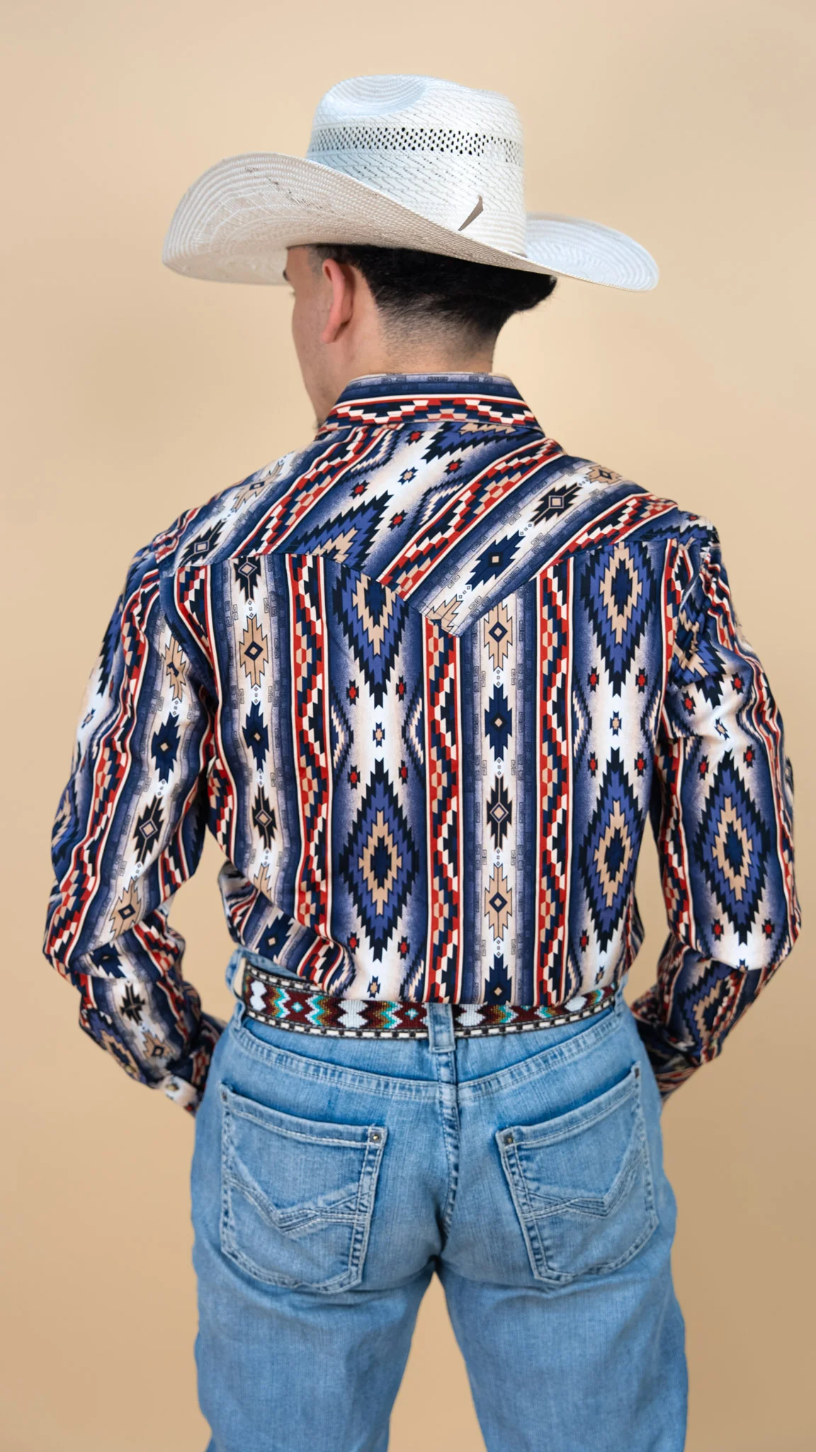 Rock & Roll Long Sleeve Denim Rust Aztec Pearl Snap - Image 3