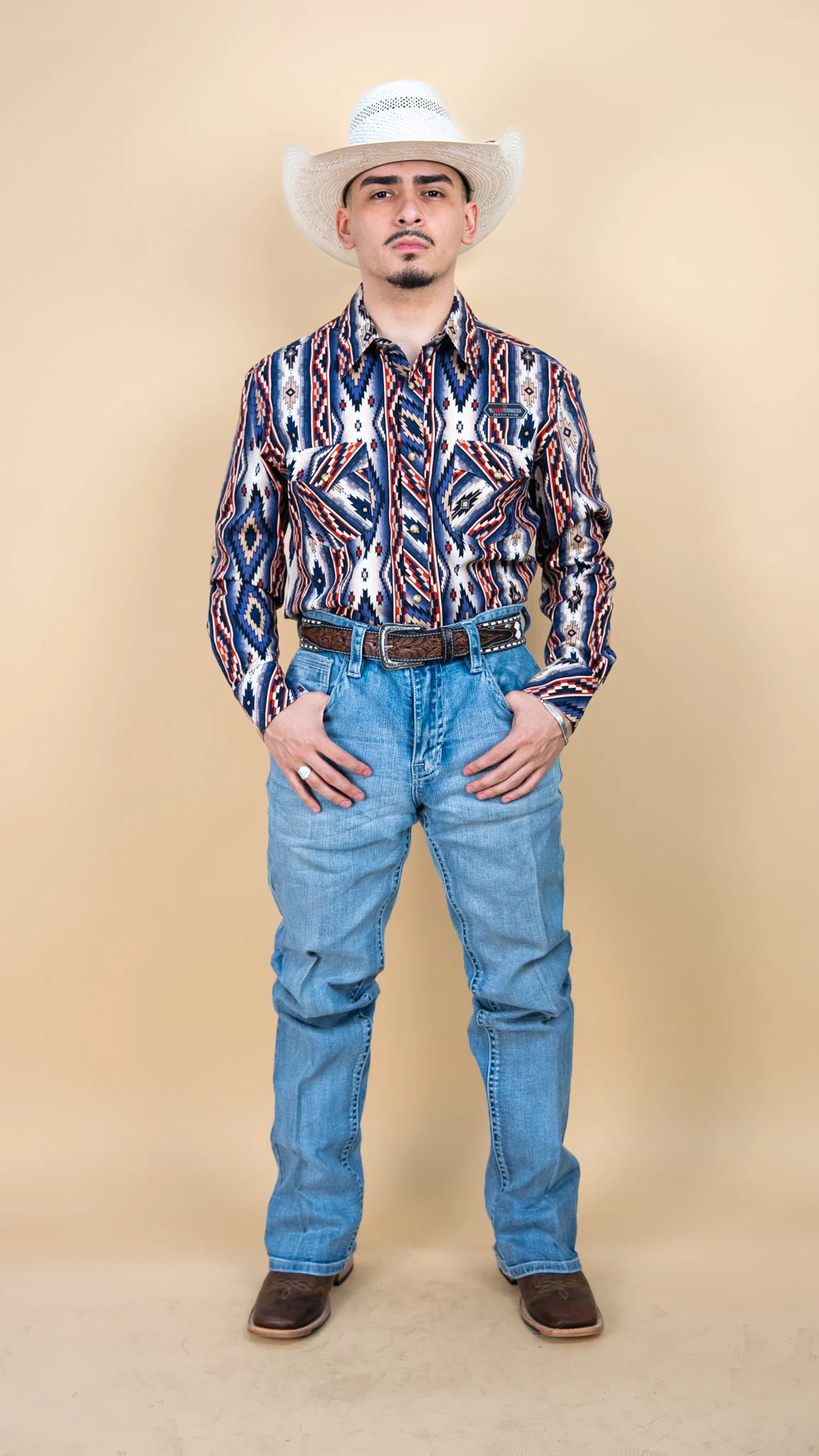 Rock & Roll Long Sleeve Denim Rust Aztec Pearl Snap - Image 4