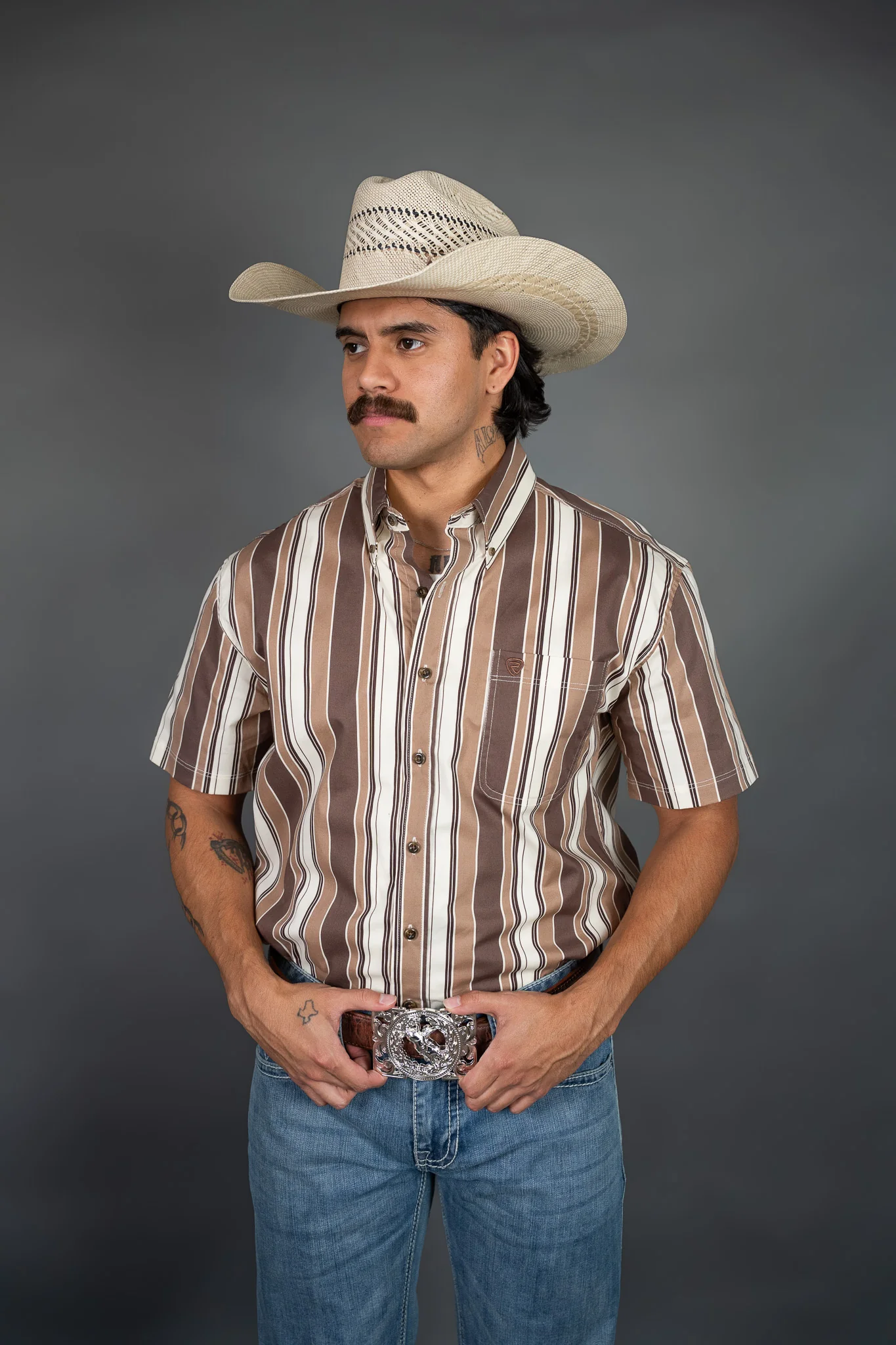 Rock & Roll Printed Striped Short Sleeve Button up