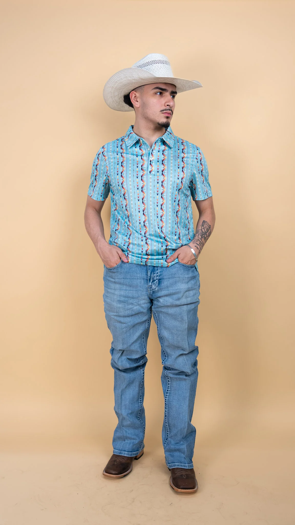 Rock & Roll Shy Blue Striped Aztec Polo - Image 4