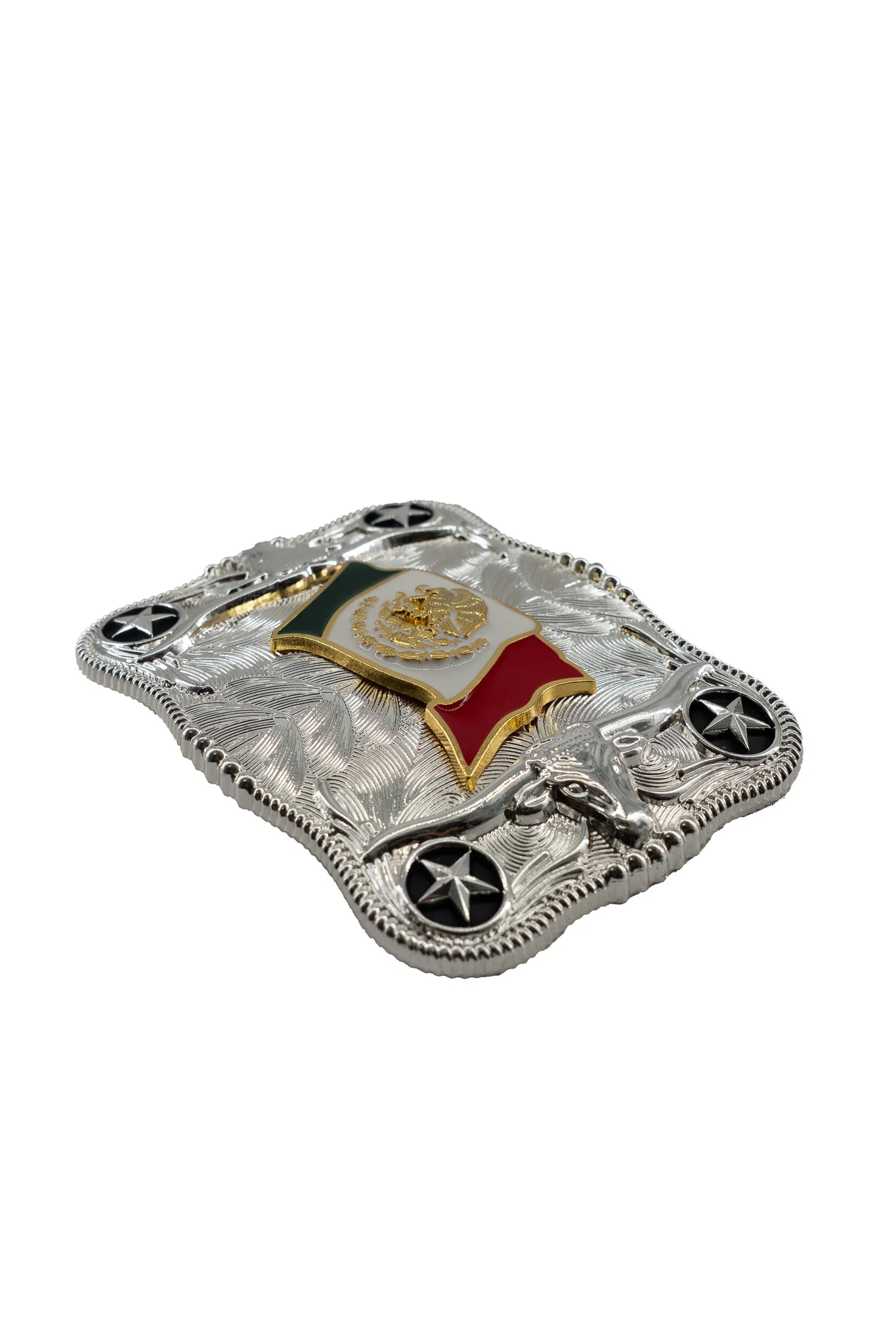 Symmetrical Silver Rectangle Mexico Flag Belt Buckle - Image 2