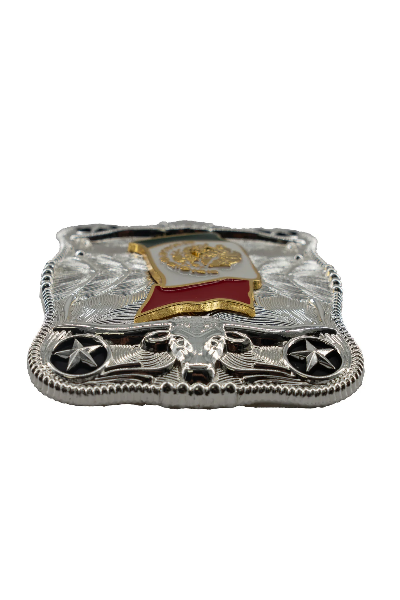 Symmetrical Silver Rectangle Mexico Flag Belt Buckle - Image 3