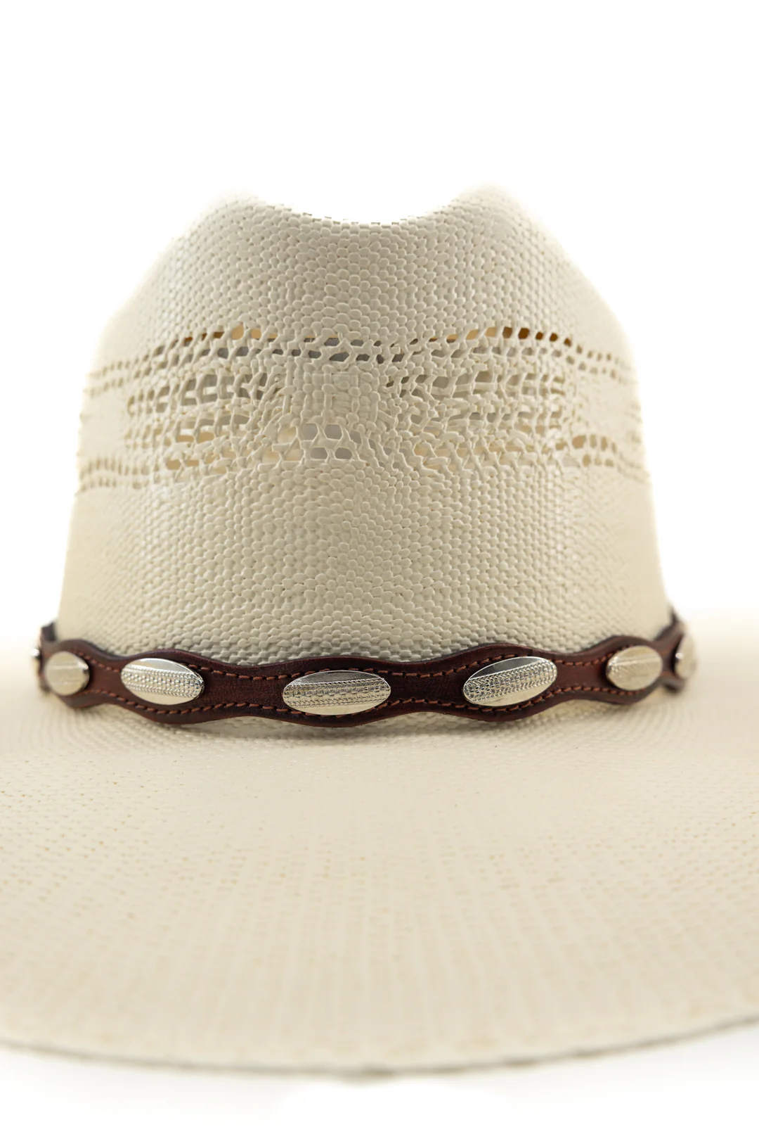 Western Silver Oval Conchos Leather Hatband - Image 2