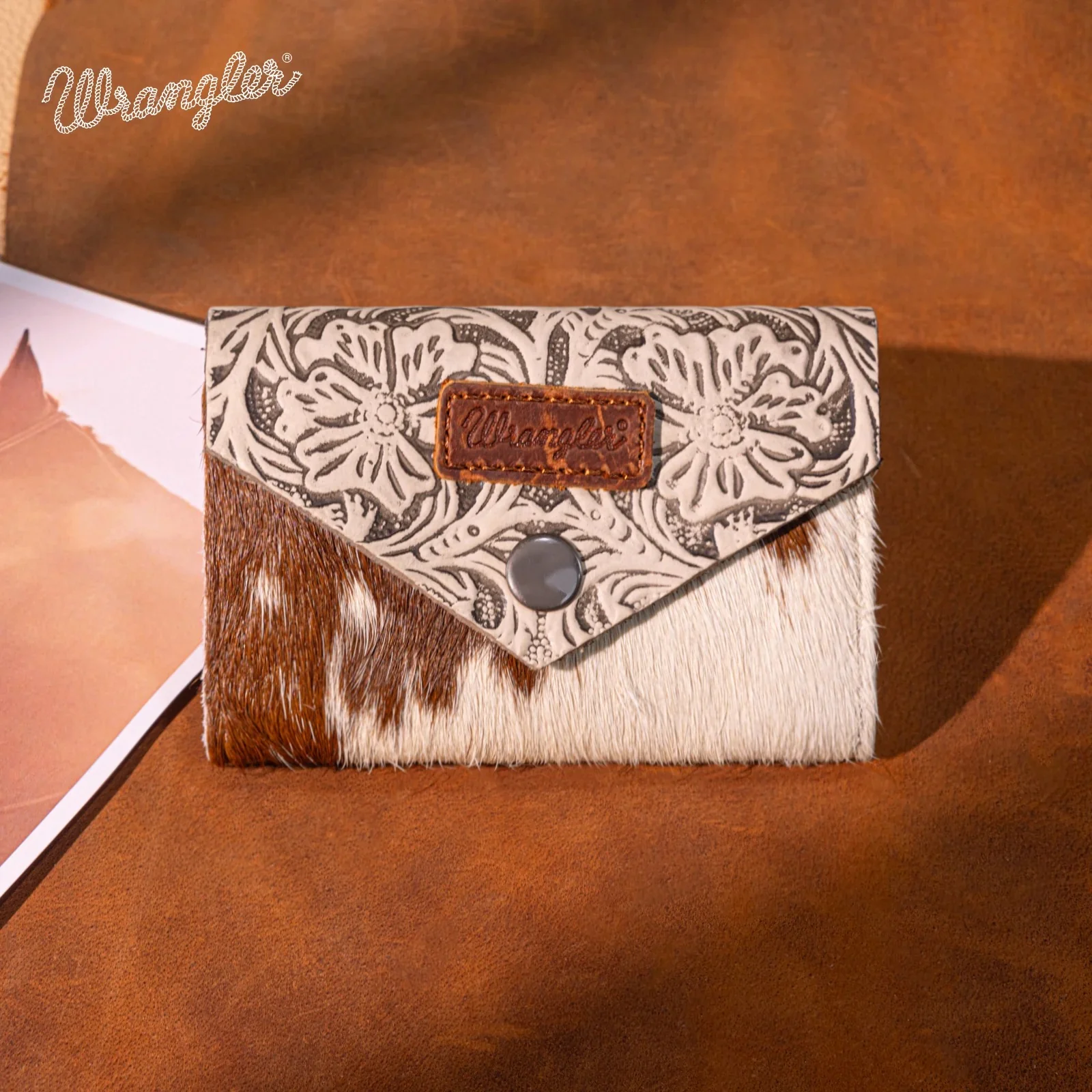Wrangler Genuine Hair-On Cowhide Floral Tooled Card Holder