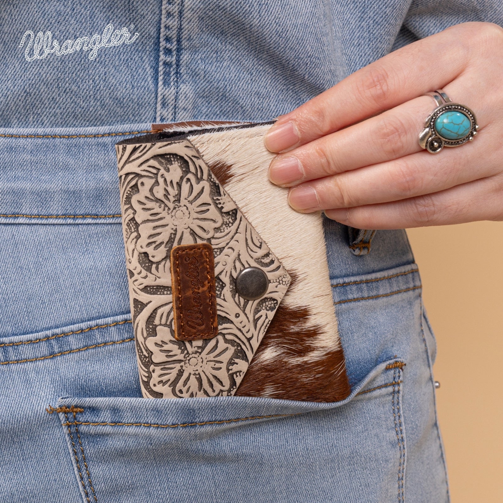 Wrangler Genuine Hair-On Cowhide Floral Tooled Card Holder - Image 5