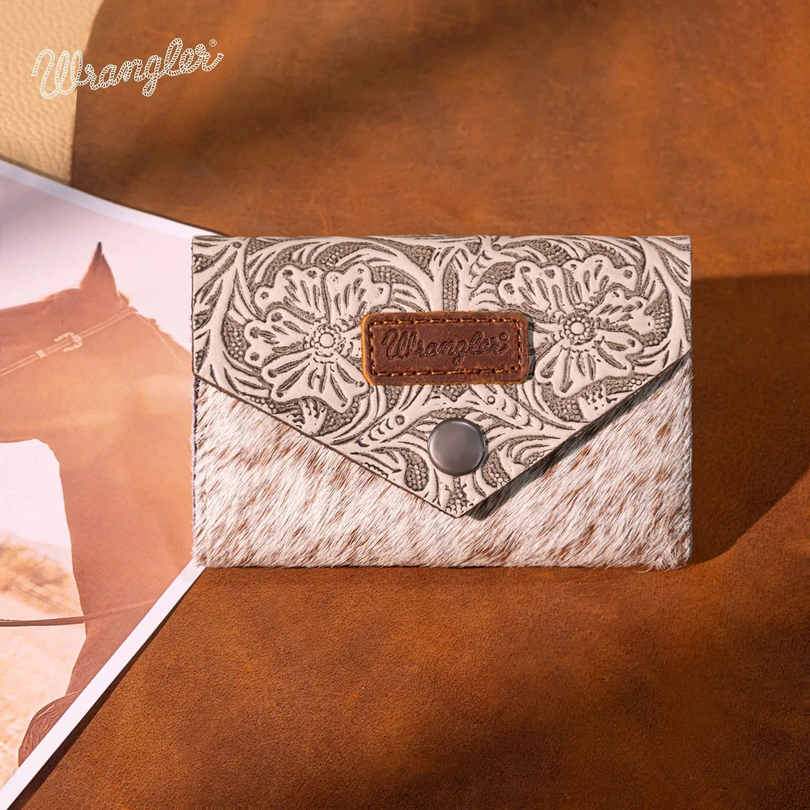 Wrangler Genuine Hair-On Cowhide Floral Tooled Card Holder - Image 6