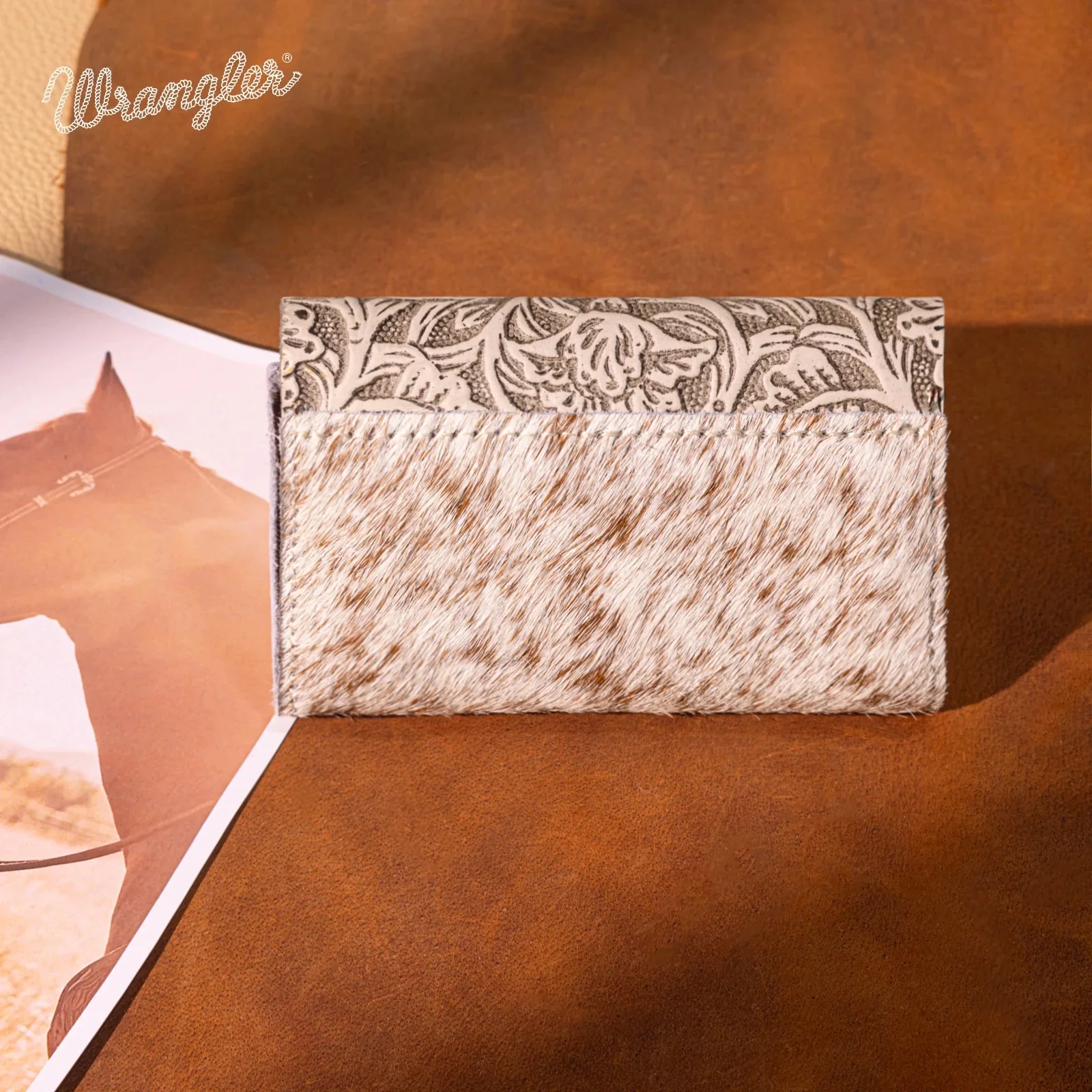 Wrangler Genuine Hair-On Cowhide Floral Tooled Card Holder - Image 7