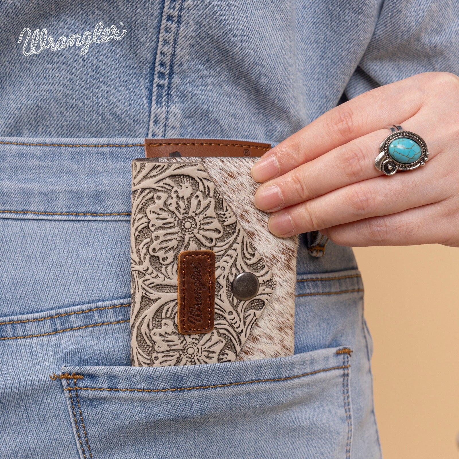Wrangler Genuine Hair-On Cowhide Floral Tooled Card Holder - Image 8