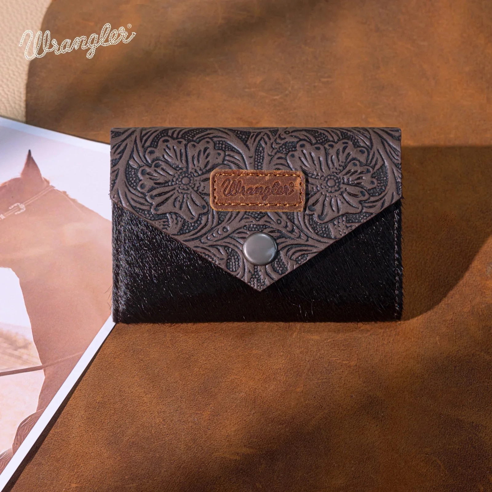 Wrangler Genuine Hair-On Cowhide Floral Tooled Card Holder - Image 8