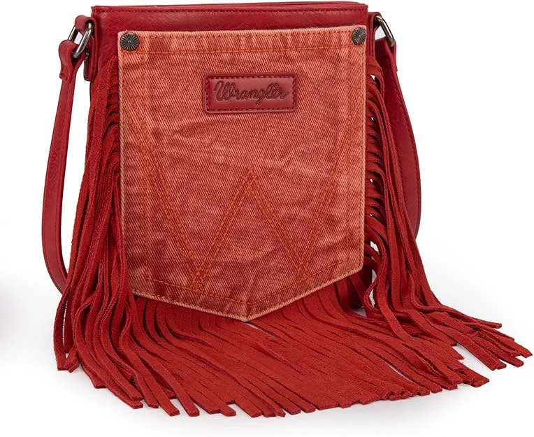 Wrangler Leather Fringe Jean Denim Pocket Crossbody - Image 2