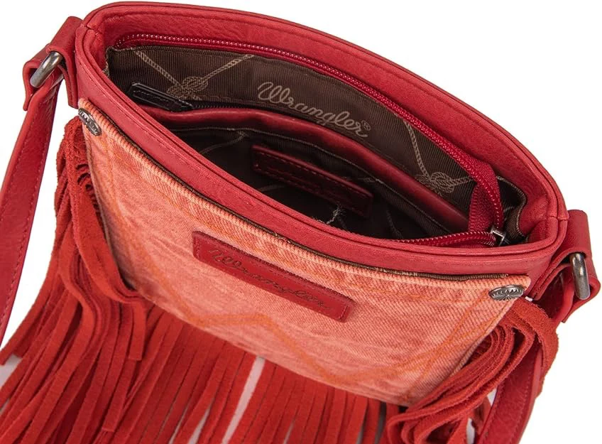 Wrangler Leather Fringe Jean Denim Pocket Crossbody - Image 4