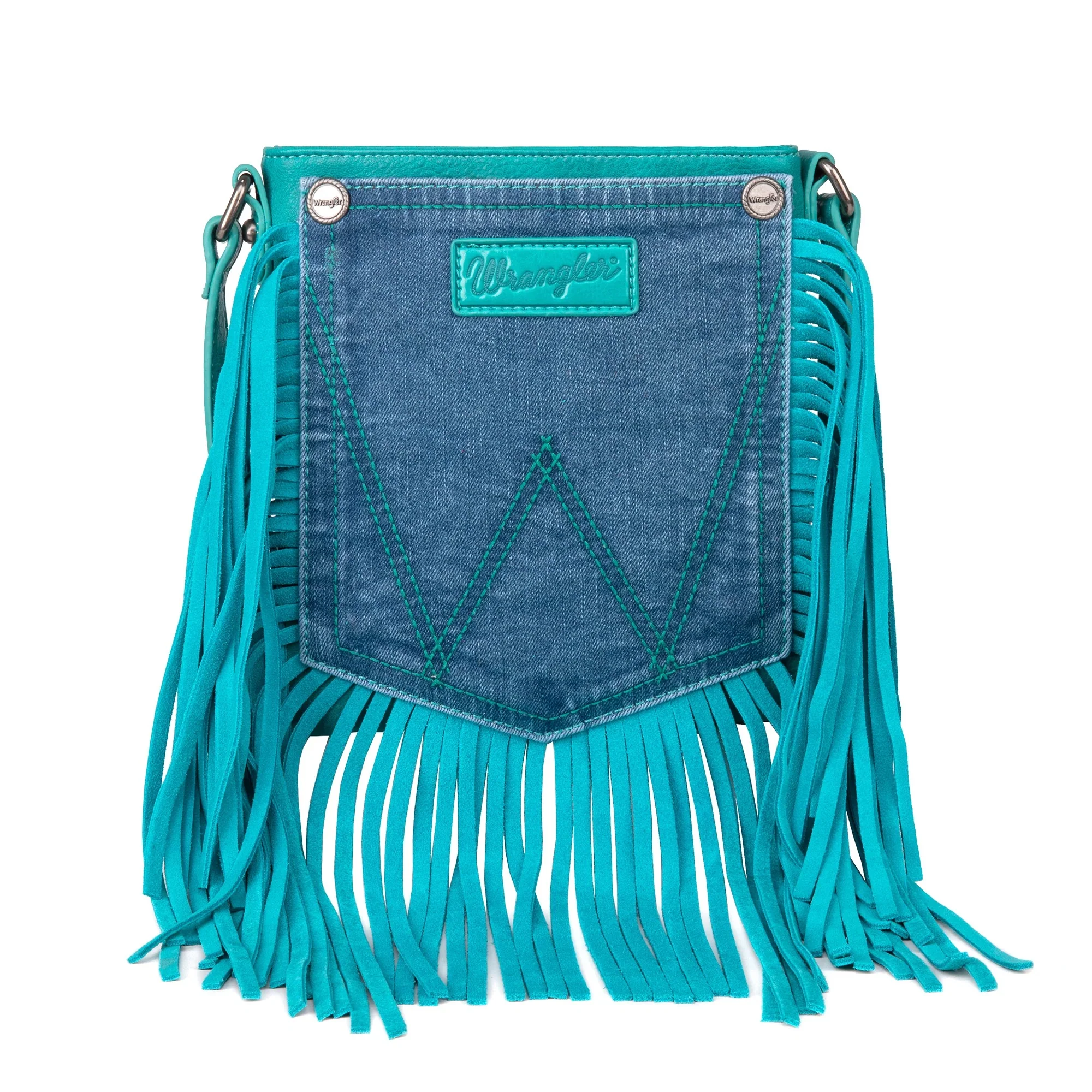 Wrangler Leather Fringe Jean Denim Pocket Crossbody - Image 2