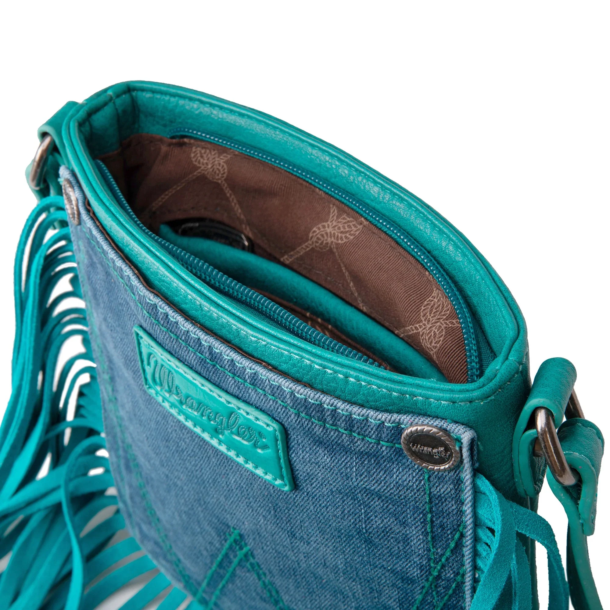 Wrangler Leather Fringe Jean Denim Pocket Crossbody - Image 3
