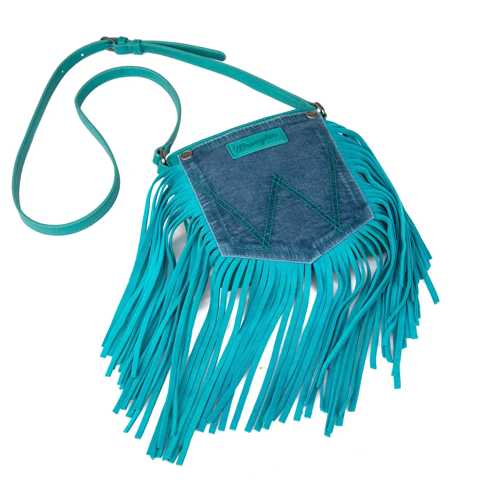 Wrangler Leather Fringe Jean Denim Pocket Crossbody - Image 4