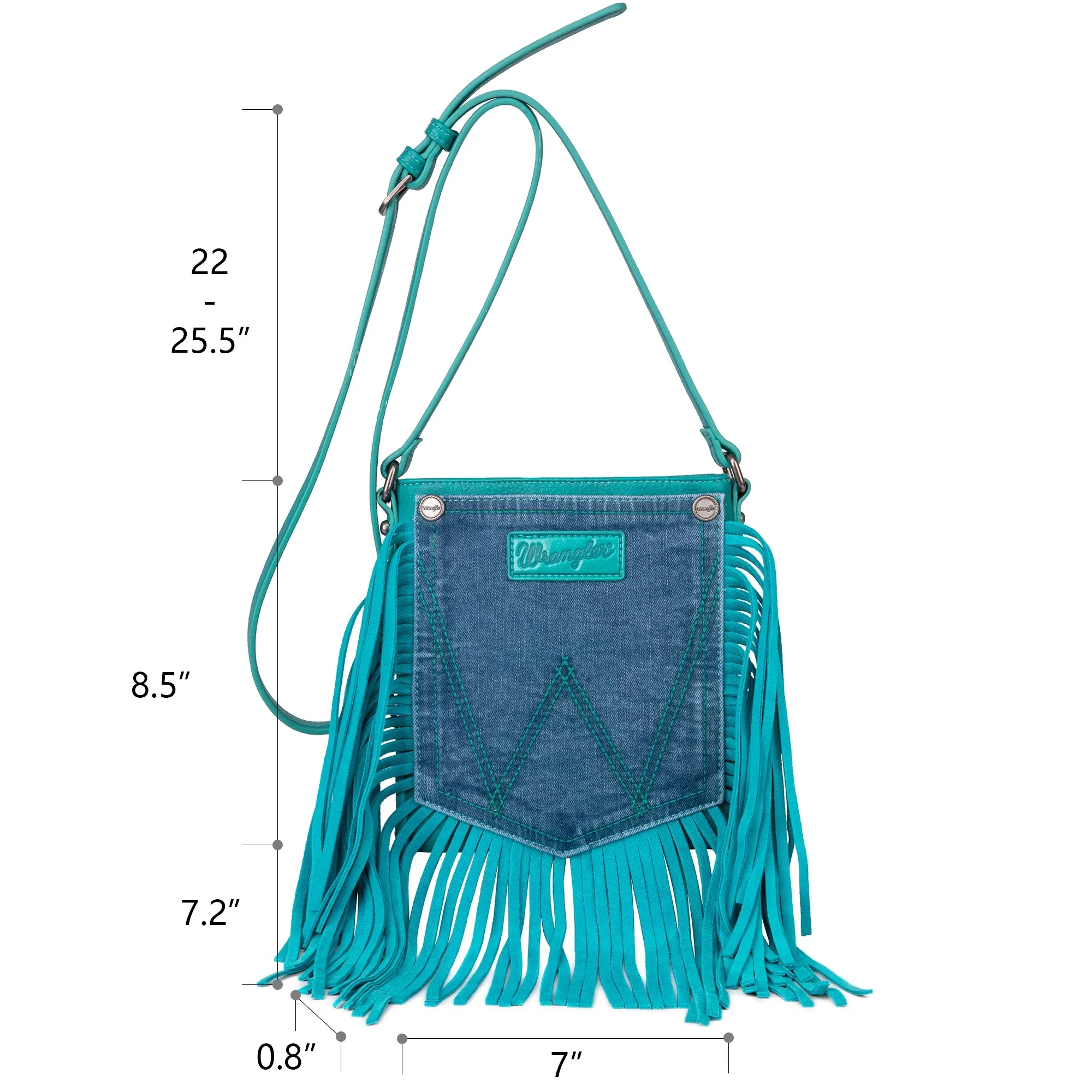 Wrangler Leather Fringe Jean Denim Pocket Crossbody - Image 6