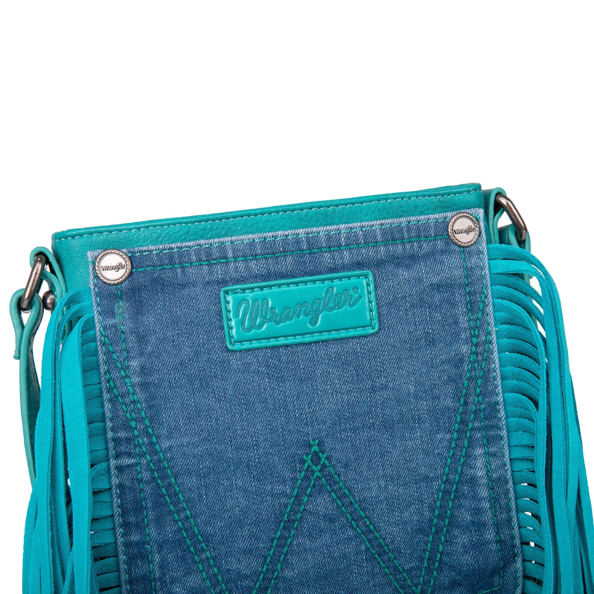 Wrangler Leather Fringe Jean Denim Pocket Crossbody - Image 7